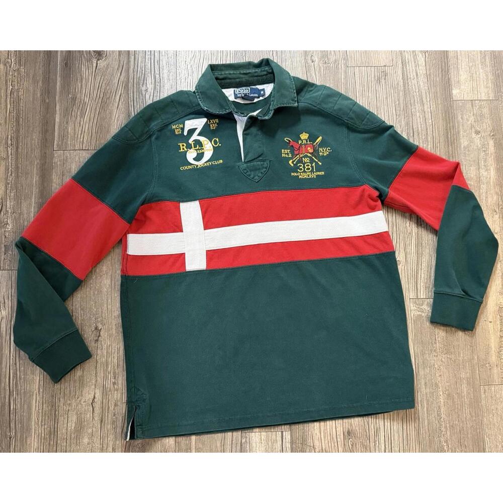 VTG POLO RALPH LAUREN MEN'S RED/GREEN COTTON RUGBY SHIRT JOCKEY CLUB  SIZE M